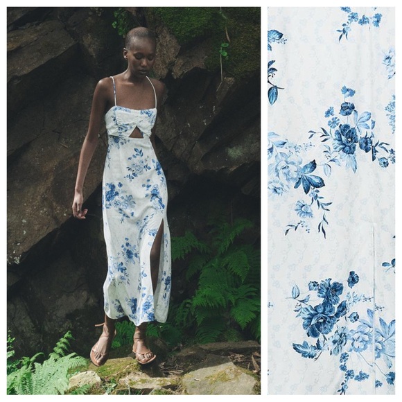 Zara Dresses & Skirts - NWT. Zara White/Blue Floral Print Lingerie Style Midi Dress. Size L.